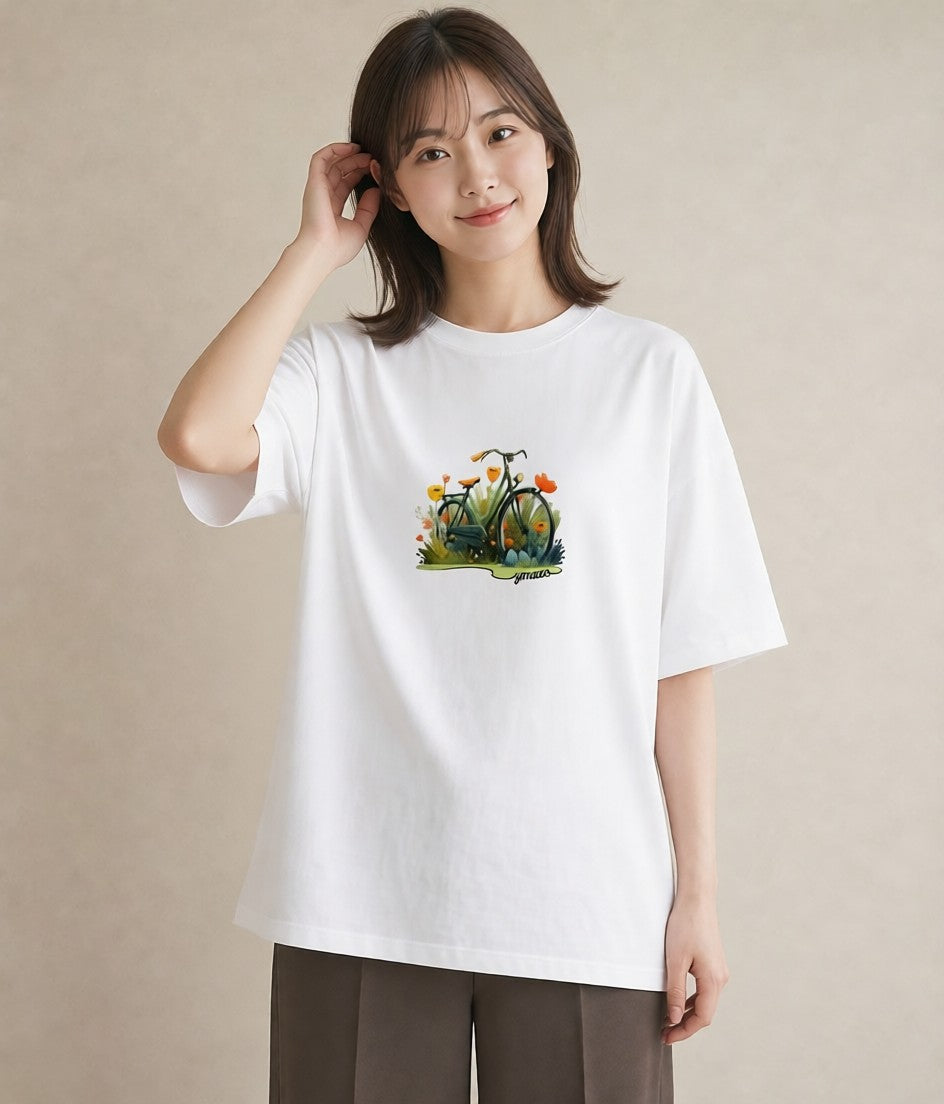 Tシャツ レディース 自転車のかご 自転車 花かご ナチュラル アンティーク イラスト ガーリー 部屋着 女性向けギフト 白T