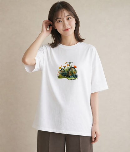 Tシャツ レディース 自転車のかご 自転車 花かご ナチュラル アンティーク イラスト ガーリー 部屋着 女性向けギフト 白T