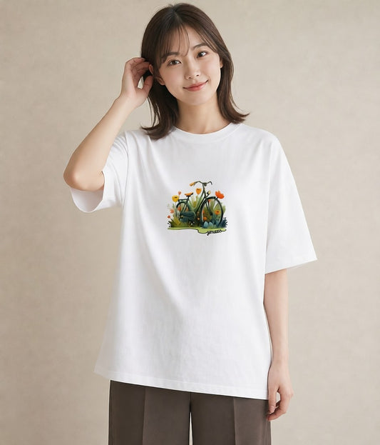 Tシャツ レディース 自転車のかご 自転車 花かご ナチュラル アンティーク イラスト ガーリー 部屋着 女性向けギフト 白T