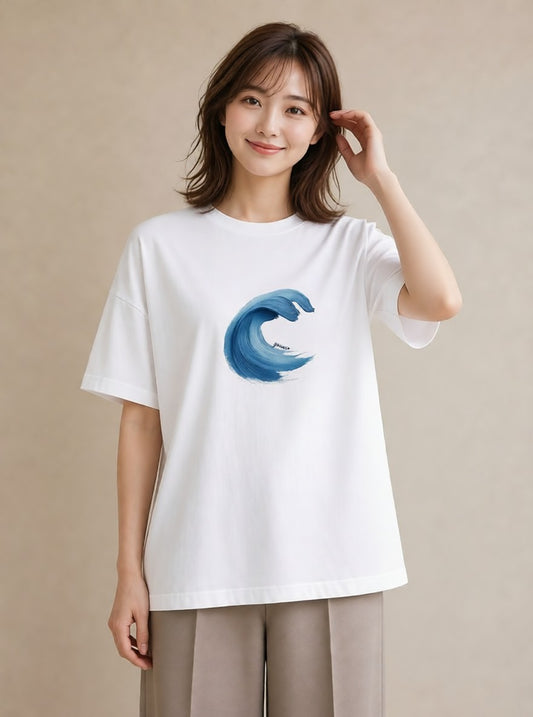 半袖Tシャツ レディース 波 星空 宇宙 イラスト 韓国風 週末コーデ 敬老の日 白T