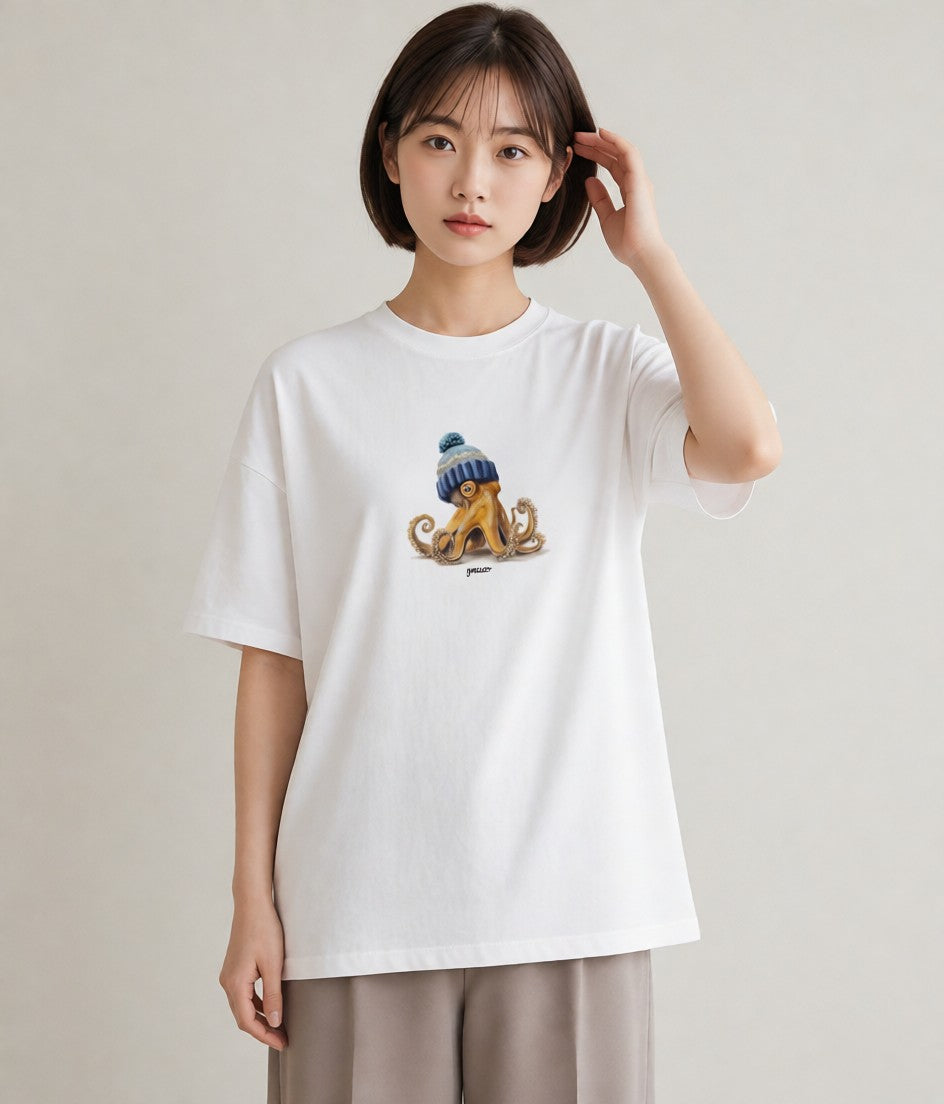 プリントTシャツ レディース イカ 海の生き物 海 イラスト ラフ 女子会 お揃い 白T