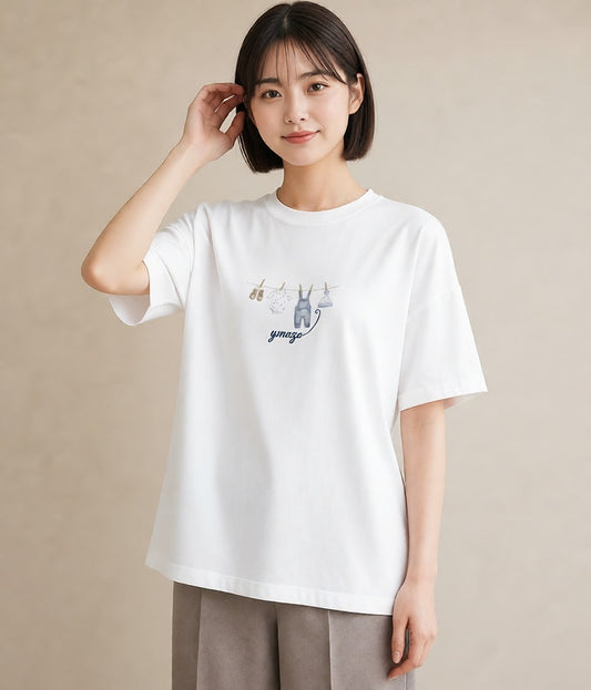 半袖Tシャツ レディース 洗濯物 風 ナチュラル アンティーク イラスト お洒落 レイヤード 友達ギフト 白T