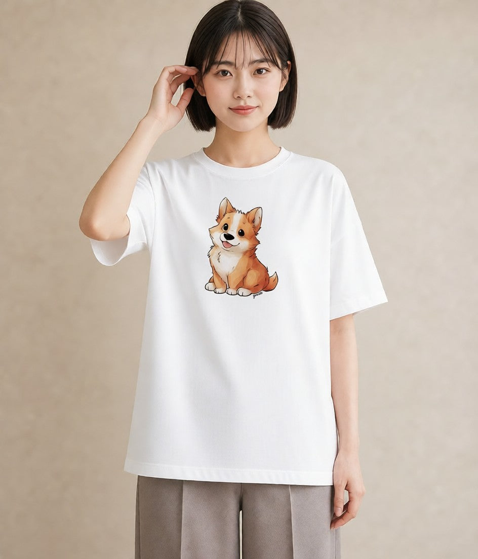 グラフィックTシャツ レディース わんこ 犬 いぬ イラスト ミニマル 送別ギフト 通勤 白T