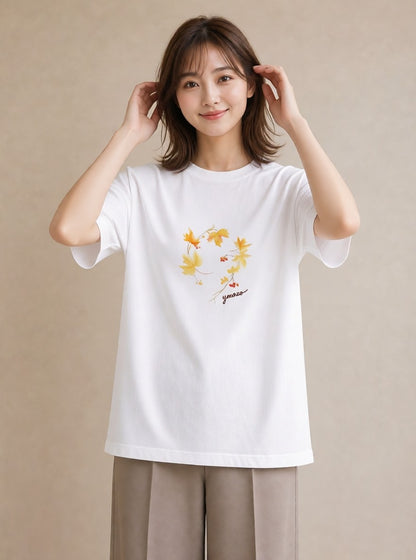 半袖Tシャツ レディース 落ち葉 植物 ボタニカル イラスト ミニマル 20代 カジュアルコーデ 白T