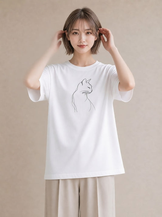 半袖Tシャツ レディース 猫 ねこ ネコ イラスト 淡色 社会人 女性 白T