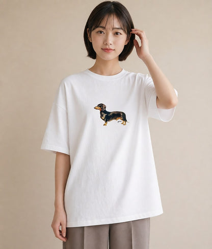 半袖Tシャツ レディース ミニチュアダックスフンド 犬 いぬ イラスト モード ルームウェア ギフト 白T