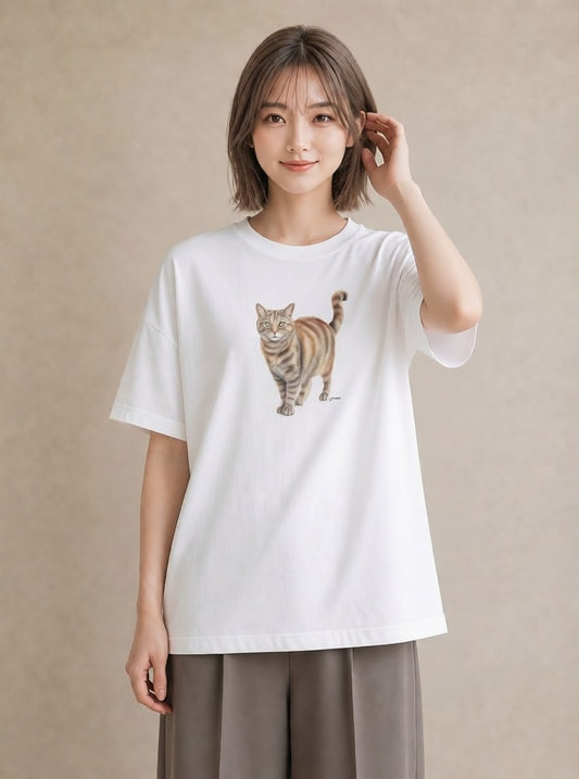 半袖Tシャツ レディース アメリカンショートヘア 猫 ねこ イラスト カフェコーデ 公園 ママ 白T