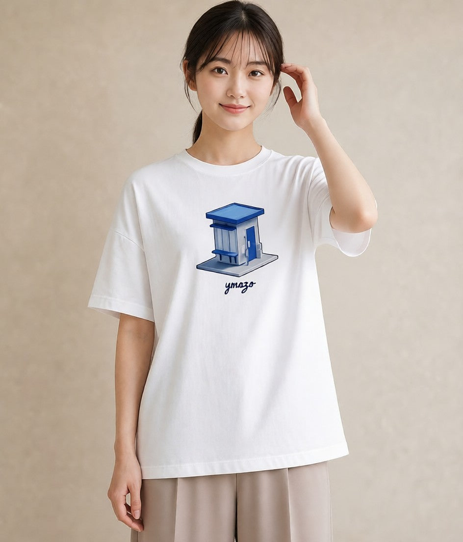 グラフィックTシャツ レディース 駅のホーム ローカル線 駅 ナチュラル アンティーク イラスト 水彩風 友達ギフト 部屋着 白T