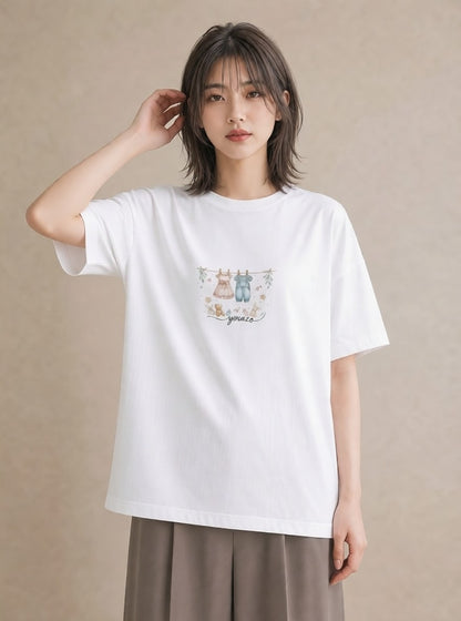 半袖Tシャツ レディース 洗濯物 風 ナチュラル アンティーク イラスト きれいめ レイヤード 友達ギフト 白T