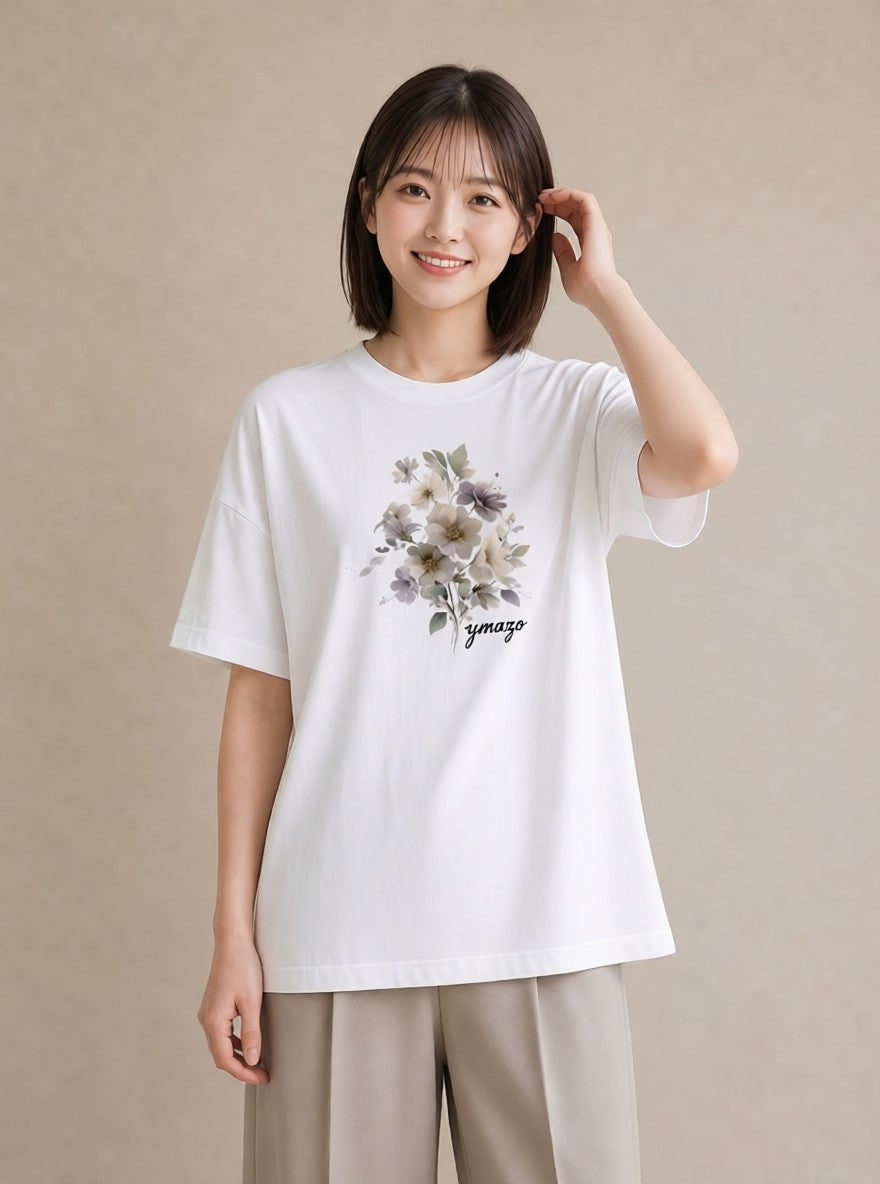プリントTシャツ レディース 花 花柄 イラスト 買い物 夏コーデ 白T