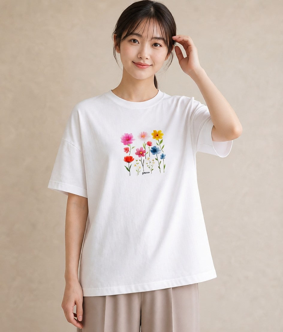 プリントTシャツ レディース コスモス 秋桜 花 花柄 イラスト ニュアンス レイヤード 友達ギフト 白T