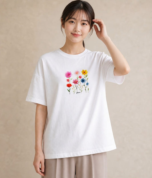 プリントTシャツ レディース コスモス 秋桜 花 花柄 イラスト ニュアンス レイヤード 友達ギフト 白T