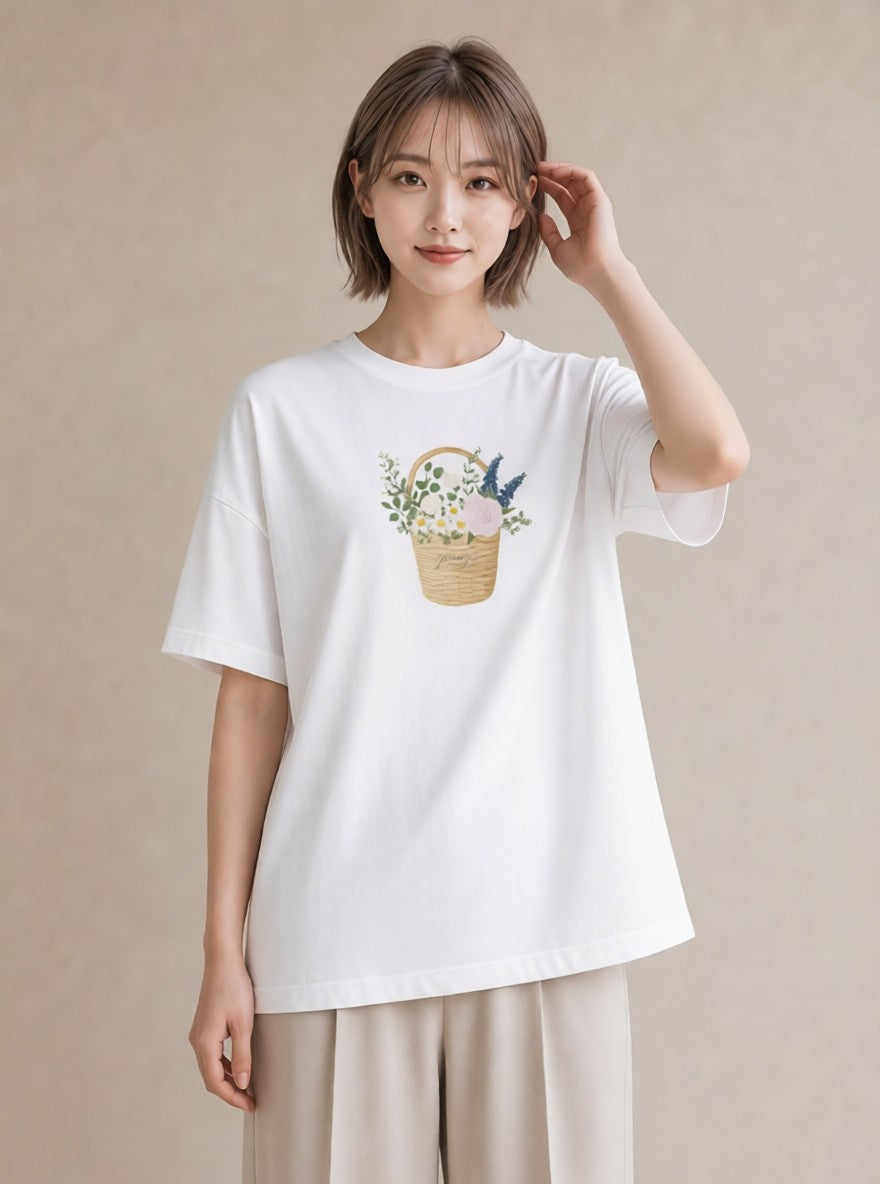 グラフィックTシャツ レディース 自転車のかご 自転車 花かご ナチュラル アンティーク イラスト 旅行 母娘コーデ 白T