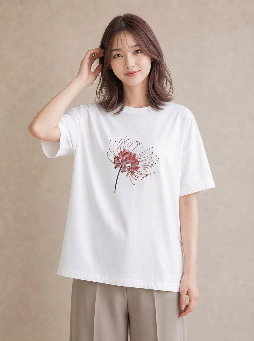 グラフィックTシャツ レディース 彼岸花 花 花柄 イラスト 抜け感 敬老の日 ホワイトデー 白T