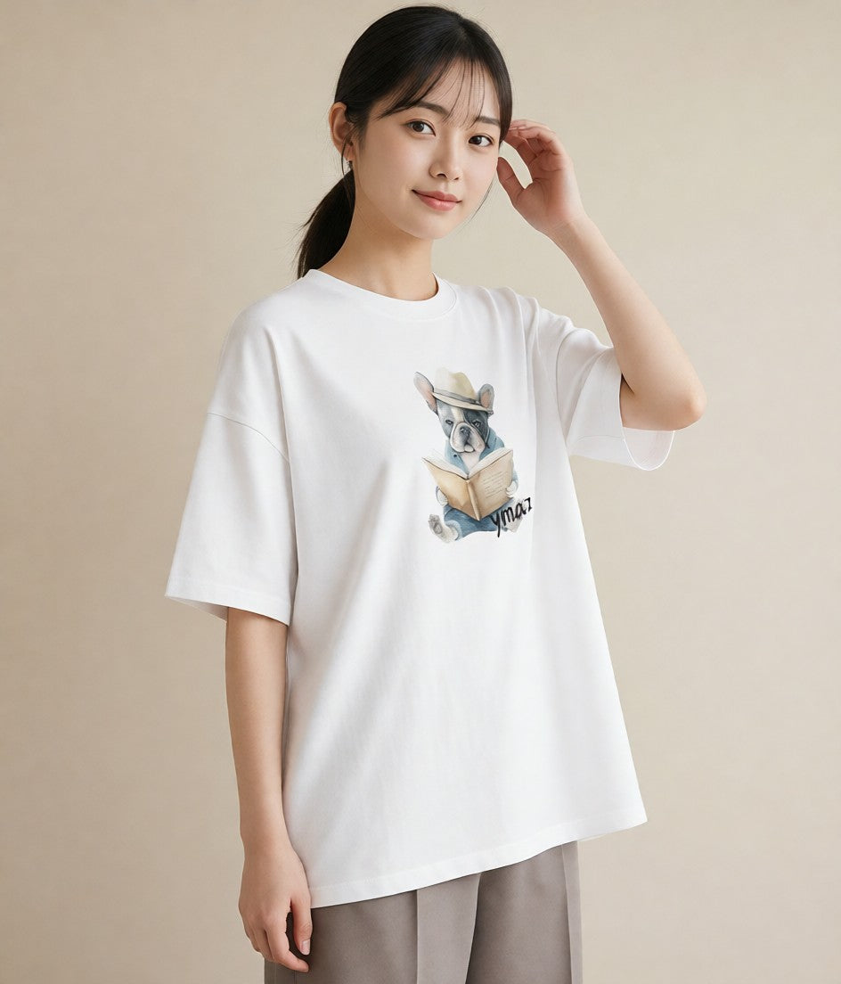 グラフィックTシャツ レディース フレンチブルドッグ フレブル 犬 いぬ イラスト カフェコーデ 親子 20代 白T