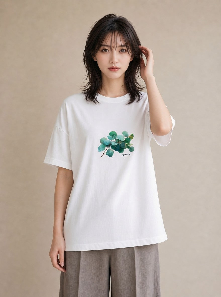 半袖Tシャツ レディース 葉っぱ 植物 ボタニカル イラスト ニュアンス カフェ服 クリスマス 白T