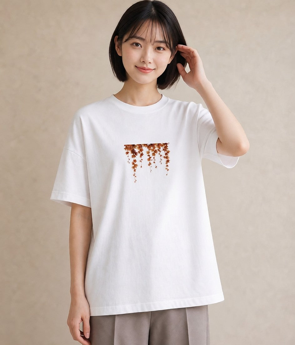 グラフィックTシャツ レディース 落ち葉 植物 ボタニカル イラスト ミニマル おしゃれギフト 社会人 白T