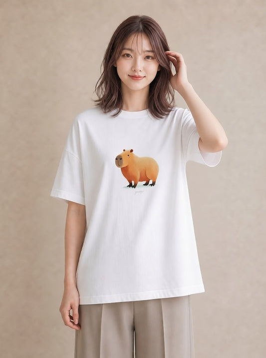 Tシャツ レディース カピバラ かぴばら 動物 アニマル イラスト 個性的 友達ギフト 部屋着 白T