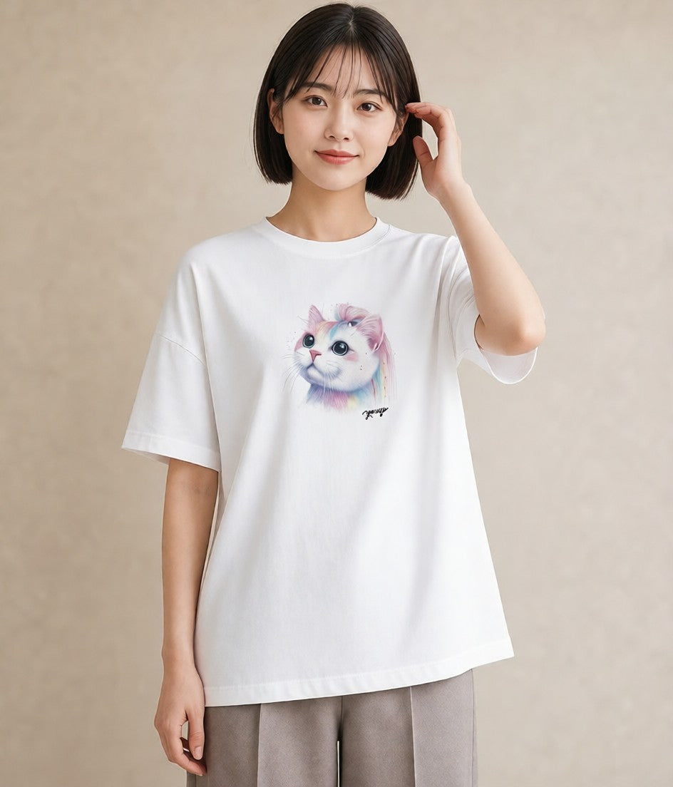 プリントTシャツ レディース ニャンコ 猫 ねこ イラスト お洒落 買い物 夏コーデ 白T