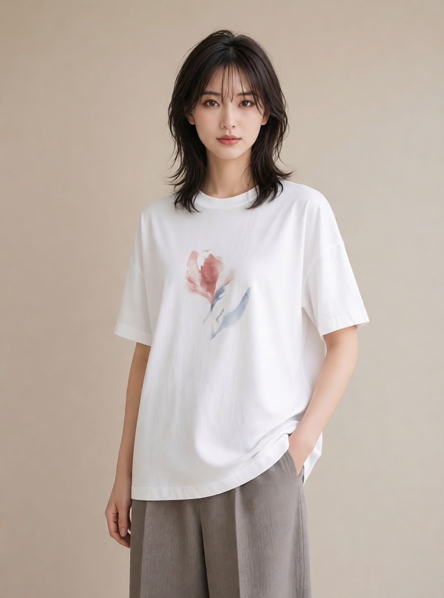 プリントTシャツ レディース チューリップ 花 花柄 イラスト ユニーク 在宅 公園 白T