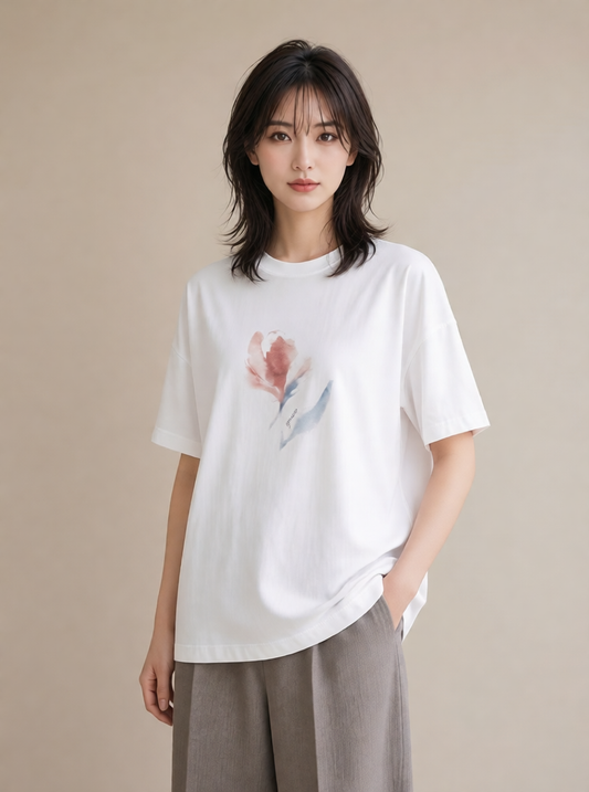 プリントTシャツ レディース チューリップ 花 花柄 イラスト ユニーク 在宅 公園 白T