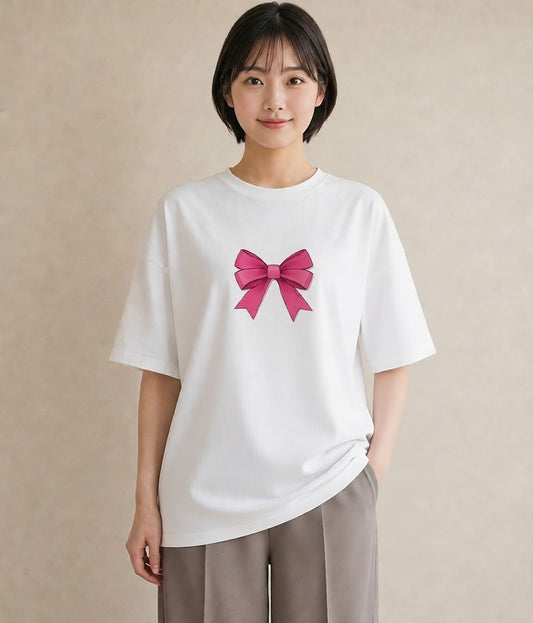 グラフィックTシャツ レディース リボン ボウ りぼん イラスト ガーリー 誕生日プレゼント 綿100 白T