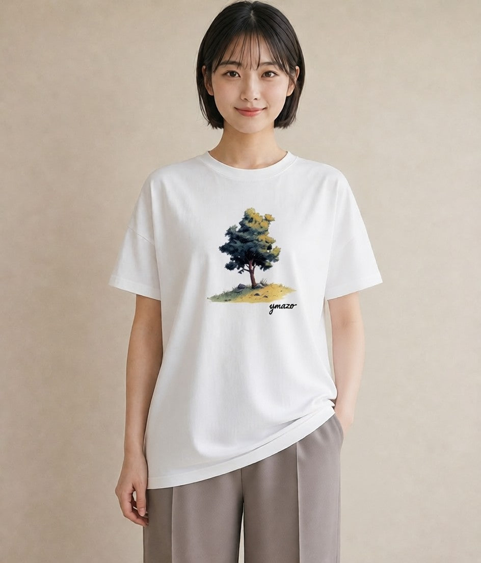 プリントTシャツ レディース 青の水彩 風景 ブルー ナチュラル アンティーク イラスト 淡色 送別ギフト 通勤 白T