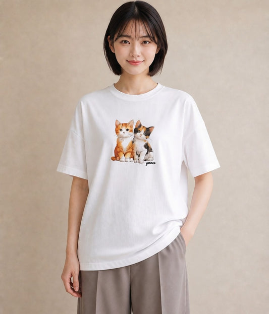 Tシャツ レディース ぶち猫 猫 ねこ イラスト ボタニカル 買い物 夏コーデ 白T