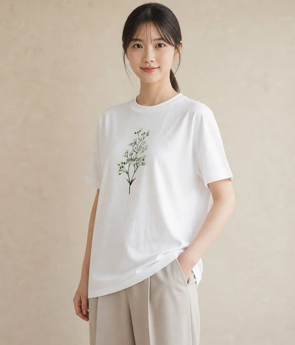 デザインTシャツ レディース カスミソウ かすみ草 花 花柄 イラスト カフェコーデ ペアコーデ 秋コーデ 白T