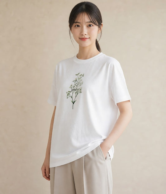 デザインTシャツ レディース カスミソウ かすみ草 花 花柄 イラスト カフェコーデ ペアコーデ 秋コーデ 白T