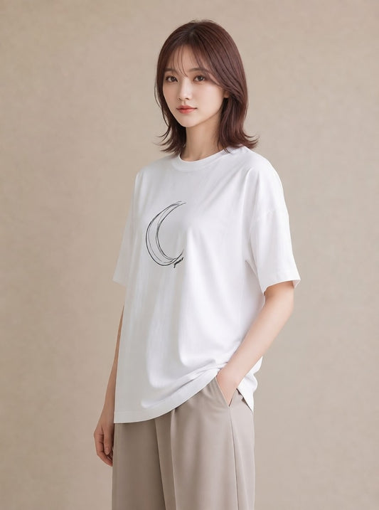 デザインTシャツ レディース 月と星 星空 ムーン イラスト ニュアンス 春コーデ 姉妹 白T