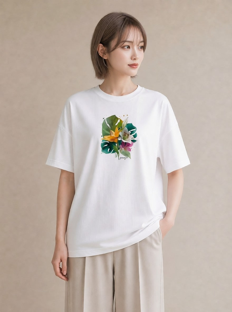 半袖Tシャツ レディース ゆり 百合 花 花柄 イラスト ニュアンス ラフ レイヤード 白T