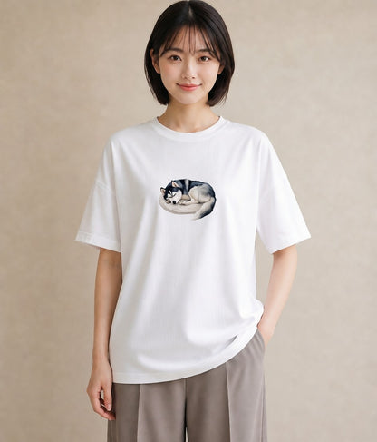 Tシャツ レディース シベリアンハスキー 犬 いぬ イラスト 抜け感 誕生日プレゼント 綿100 白T