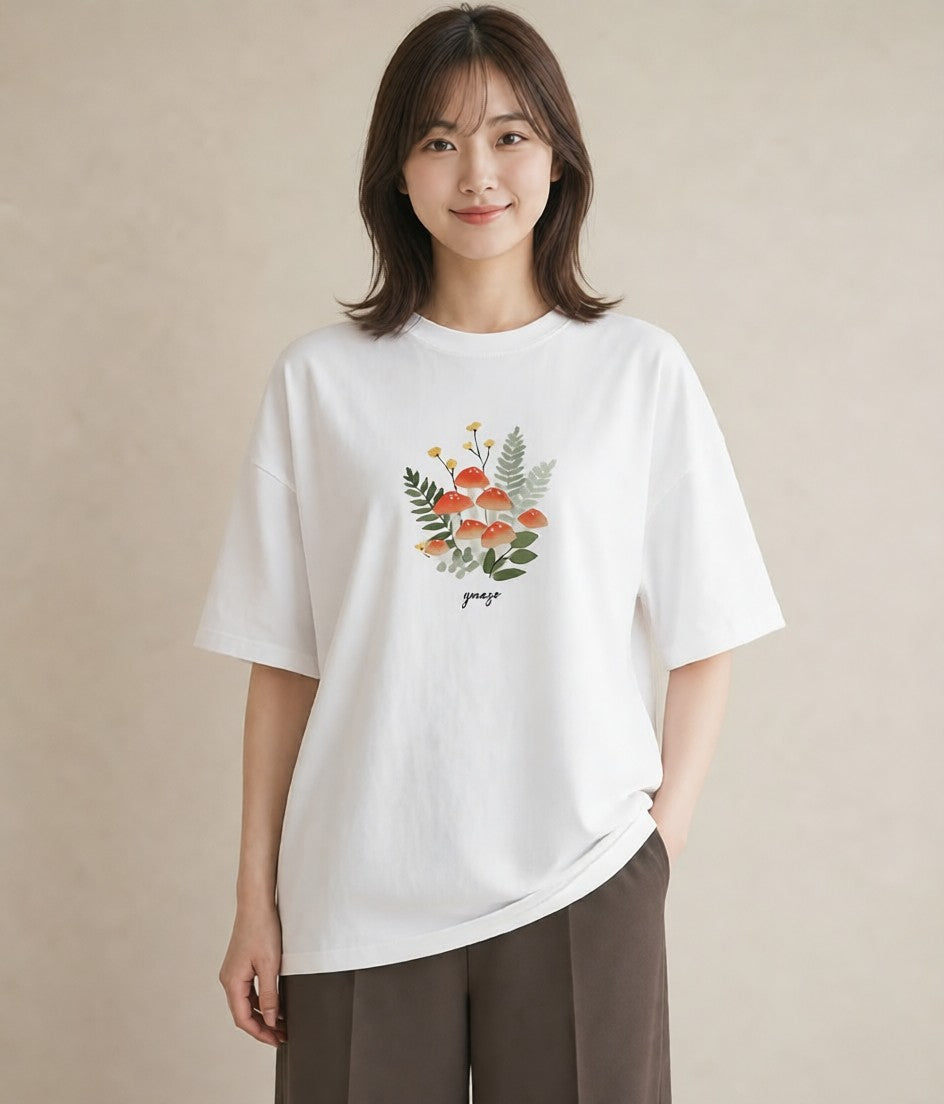 プリントTシャツ レディース きのこ 植物 ボタニカル イラスト きれいめカジュアル 在宅 公園 白T