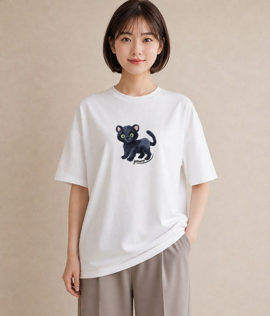 Tシャツ レディース 黒猫 猫 ねこ イラスト 可愛い 通学 誕生日プレゼント 白T