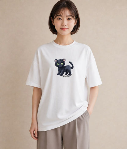Tシャツ レディース 黒猫 猫 ねこ イラスト 可愛い 通学 誕生日プレゼント 白T