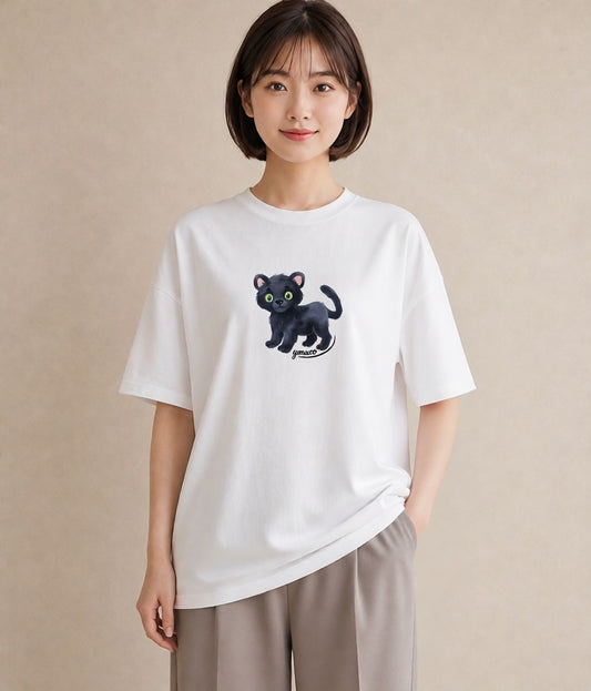 Tシャツ レディース 黒猫 猫 ねこ イラスト 可愛い 通学 誕生日プレゼント 白T