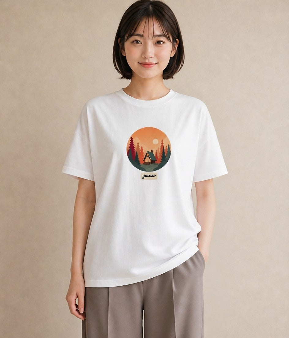 Tシャツ レディース 湖畔の小屋 湖 小屋 ナチュラル アンティーク イラスト ユニーク 旅行 母娘コーデ 白T