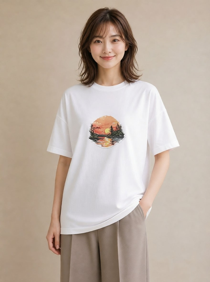 半袖Tシャツ レディース 山 星空 宇宙 イラスト ラフ クリスマス 旅行 白T