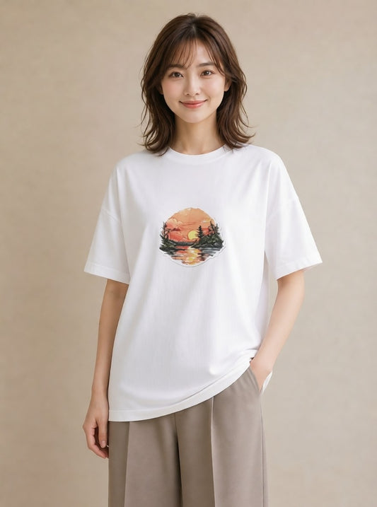 半袖Tシャツ レディース 山 星空 宇宙 イラスト ラフ クリスマス 旅行 白T