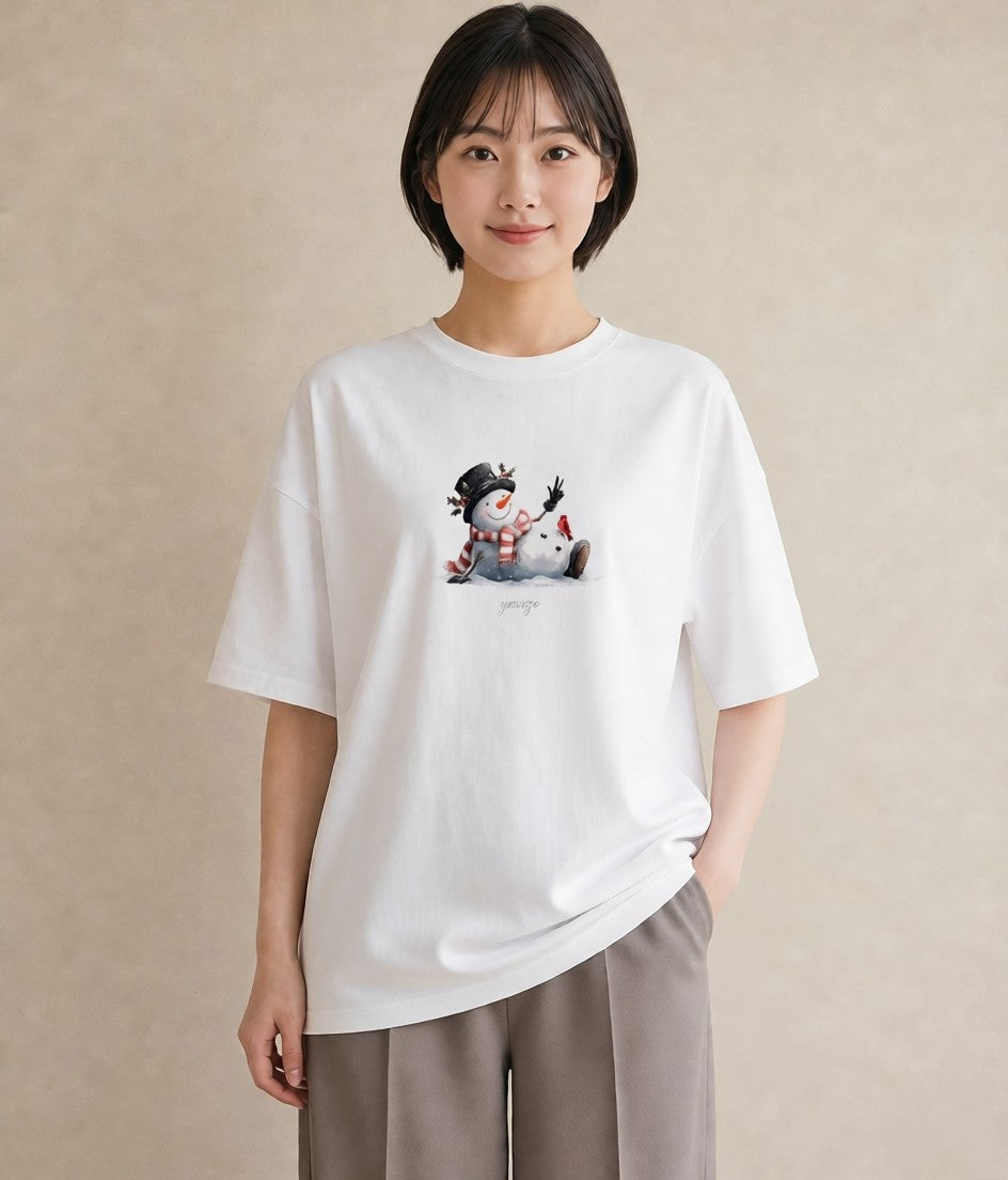 半袖Tシャツ レディース 雪 星空 宇宙 イラスト ゆるかわ 在宅 公園 白T