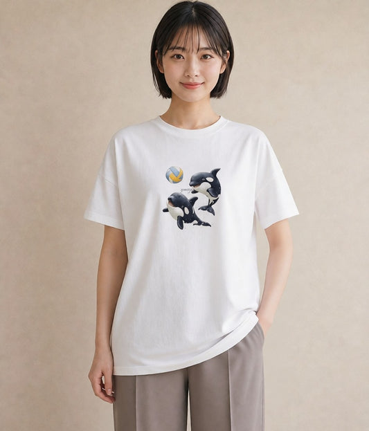 Tシャツ レディース シャチ 海の生き物 海 イラスト ラフ 在宅 公園 白T