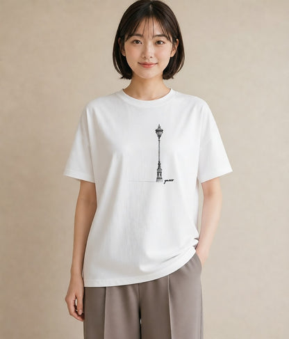 プリントTシャツ レディース 街灯 夜霧 夜 ナチュラル アンティーク イラスト ラフ 通勤 在宅 白T