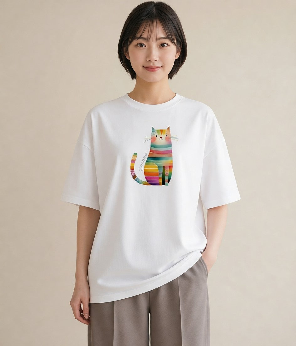 Tシャツ レディース 猫 ねこ イラスト カジュアル ミセス 春コーデ 白T