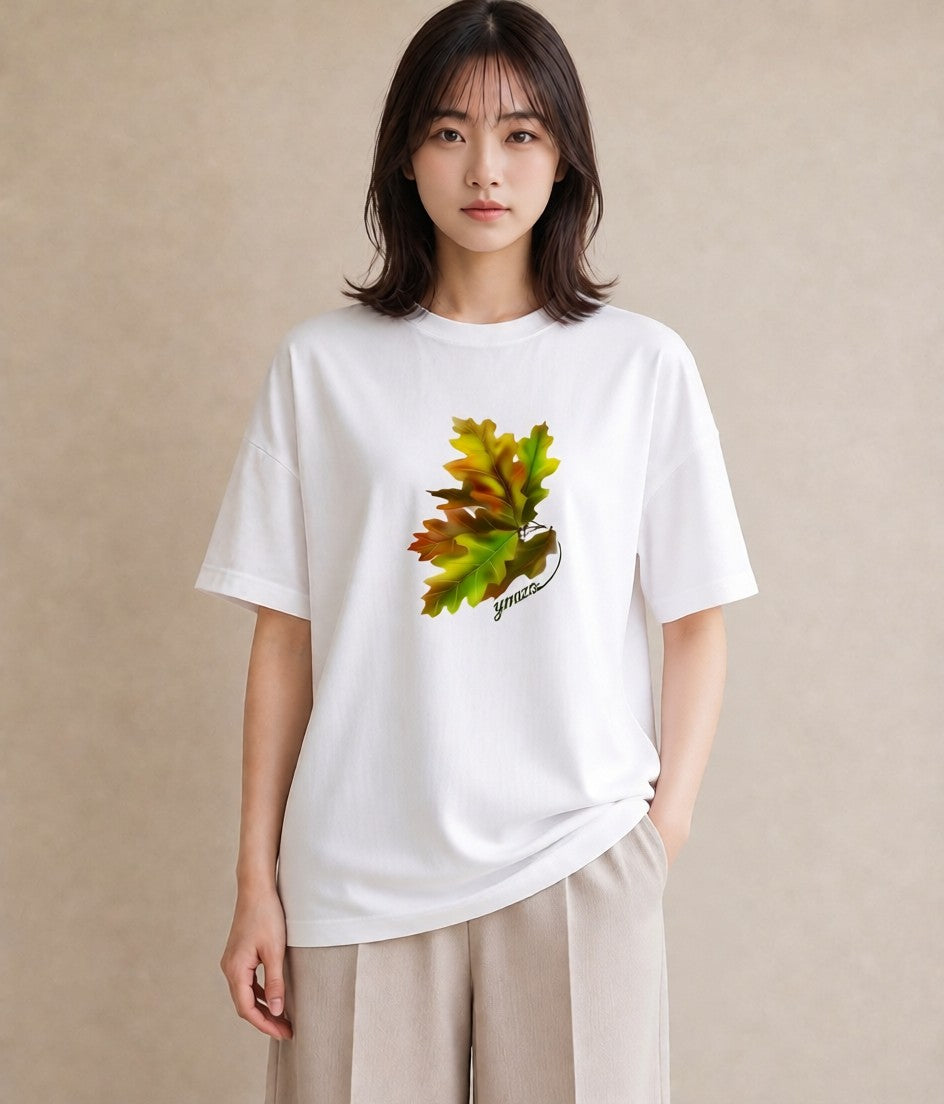 グラフィックTシャツ レディース 落ち葉 植物 ボタニカル イラスト ミセス 春コーデ 白T