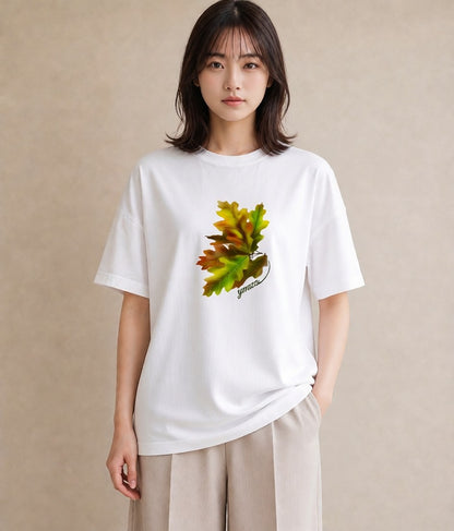 グラフィックTシャツ レディース 落ち葉 植物 ボタニカル イラスト ミセス 春コーデ 白T