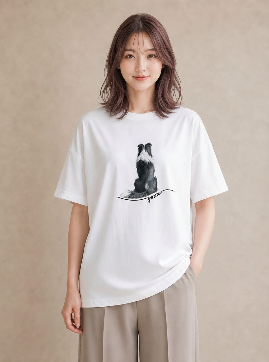 デザインTシャツ レディース ボーダーコリー 犬 いぬ イラスト ラフカジュアル 公園 ママ 白T