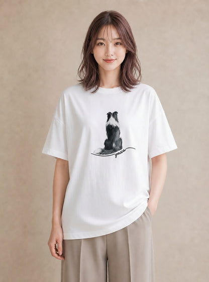デザインTシャツ レディース ボーダーコリー 犬 いぬ イラスト ラフカジュアル 公園 ママ 白T