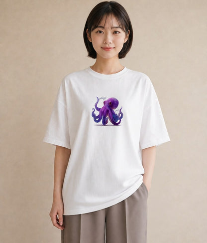 プリントTシャツ レディース イカ 海の生き物 海 イラスト 普段使い 旅行 母娘コーデ 白T