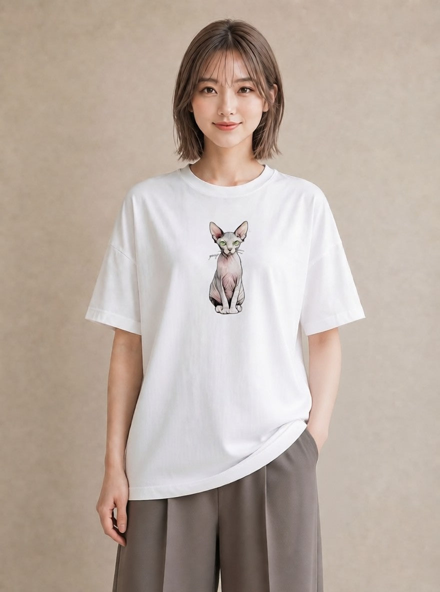 グラフィックTシャツ レディース おすわり猫 猫 ねこ イラスト きれいめカジュアル デイリーウェア 休日 白T